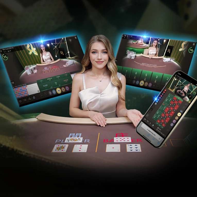 A graphic showcasing 'SA Gaming' with a woman in a red dress at the center. Surrounding her are two screens displaying online blackjack tables and a smartphone with game graphics. The background features a casino setting.