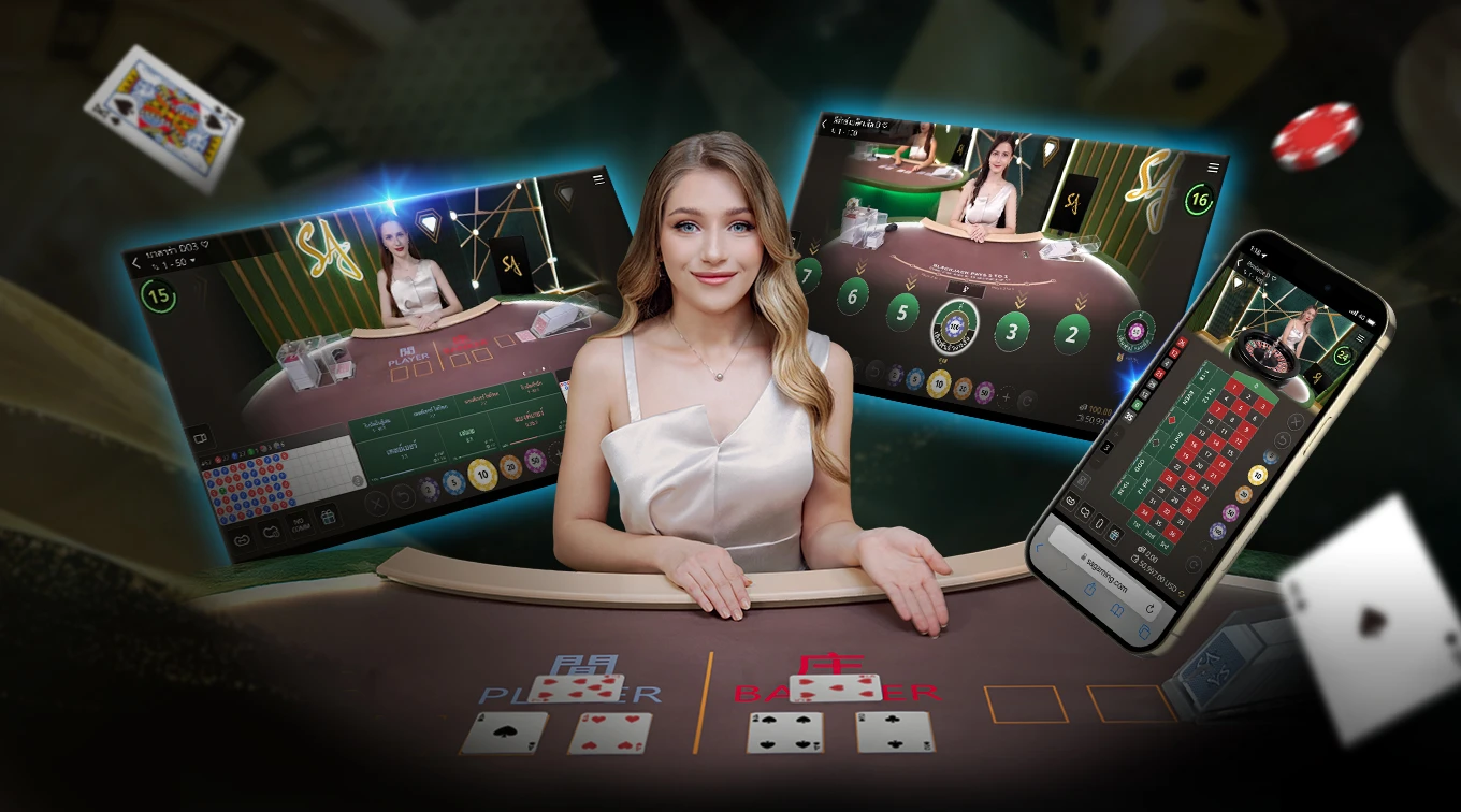 A graphic showcasing 'SA Gaming' with a woman in a red dress at the center. Surrounding her are two screens displaying online blackjack tables and a smartphone with game graphics. The background features a casino setting.